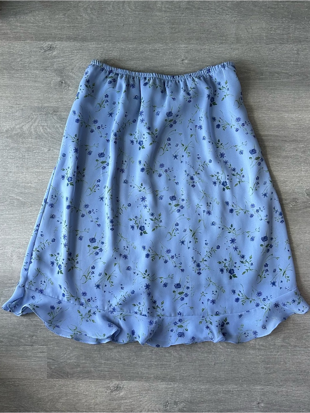 90s Vintage JKLA Light Blue Floral Ruffle Hem Midi Skirt